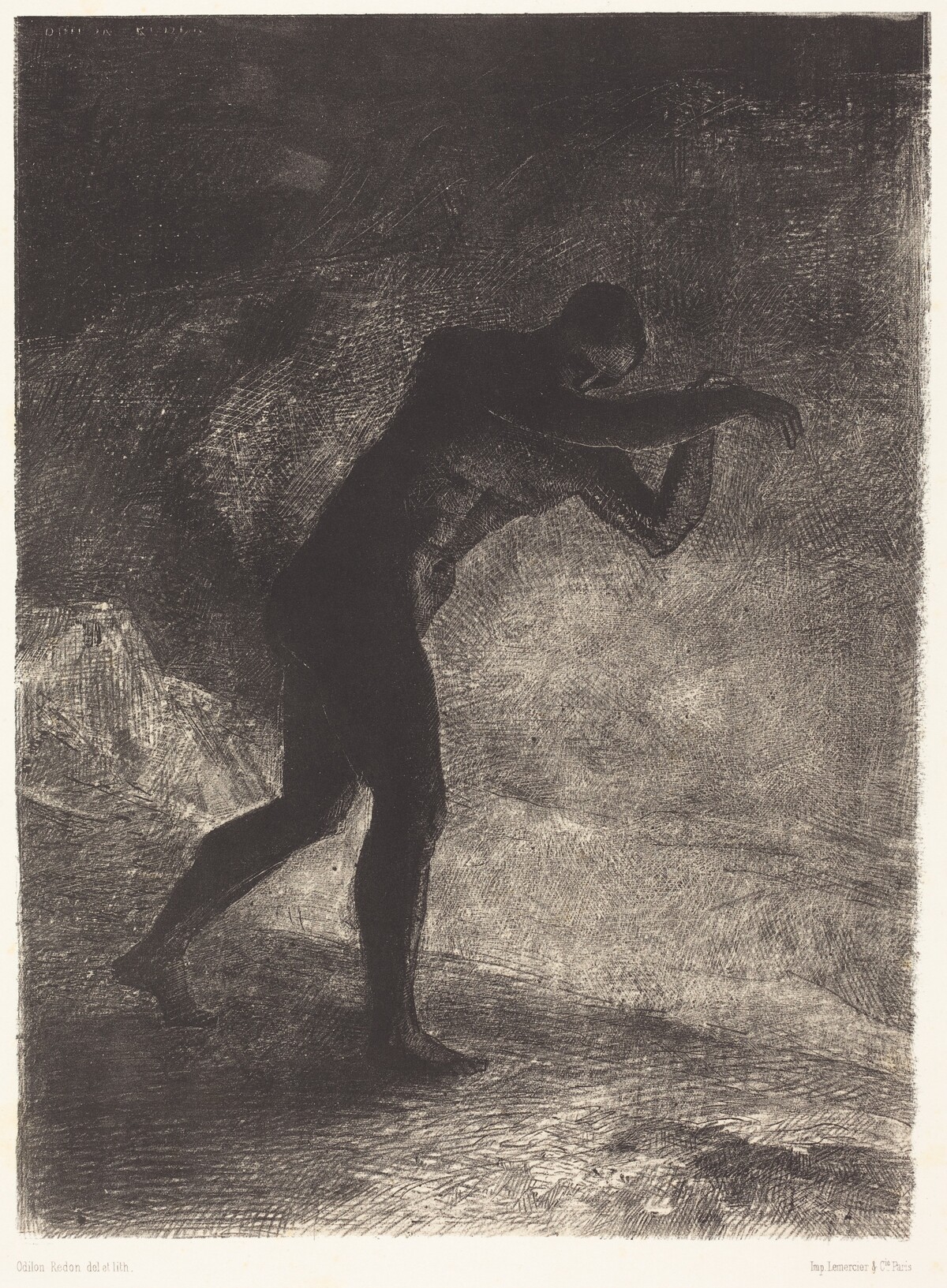 Et l'homme parut, interrogeant le sol d'ou  il sort et qui l'attire, il se fraya la voie vers (And Man appeared; questioning theearth from which he emerged and which attracts hi m, he made his way toward somber brightness) by Odilon Redon