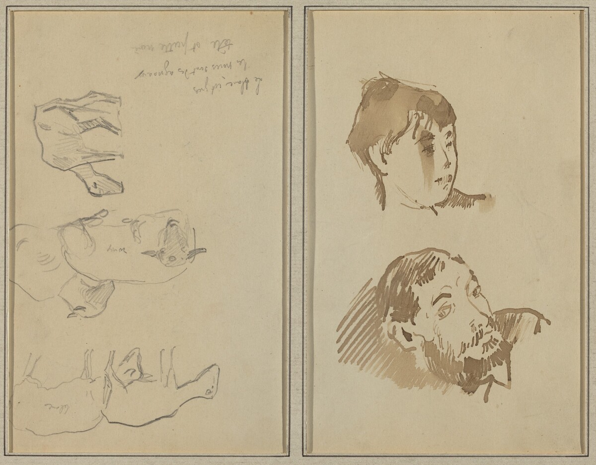 Five Sheep; Head of a Woman and Head of a Bearded Man [recto] by Paul Gauguin