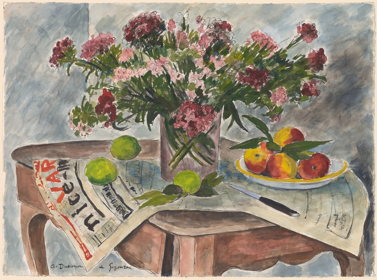 Fruits with a Vase of Flowers on a Table by André Dunoyer de Segonzac