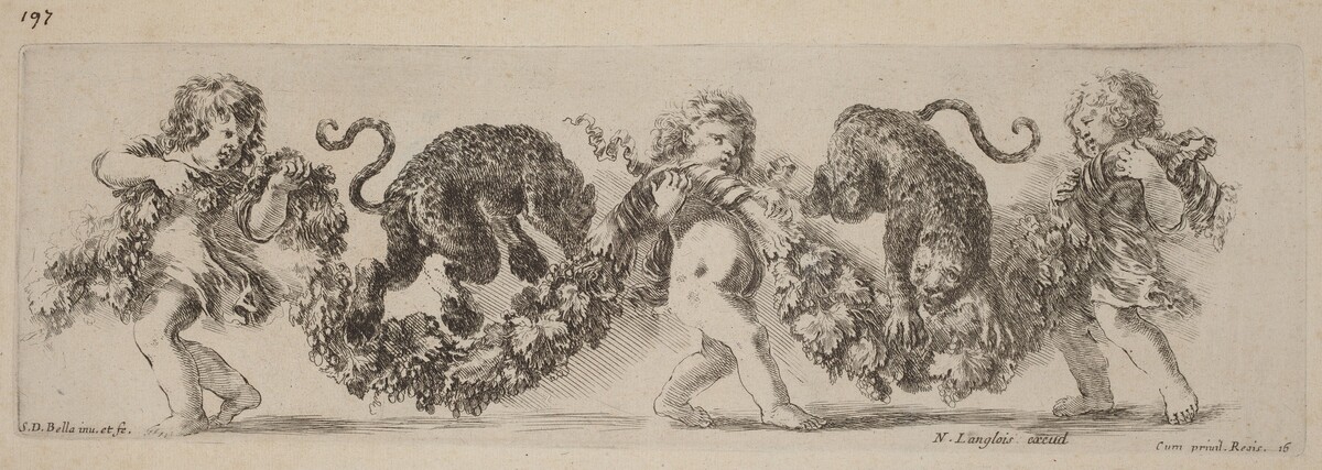 Two Leopards Jumping a Festoon Supported by Children by Stefano Della Bella