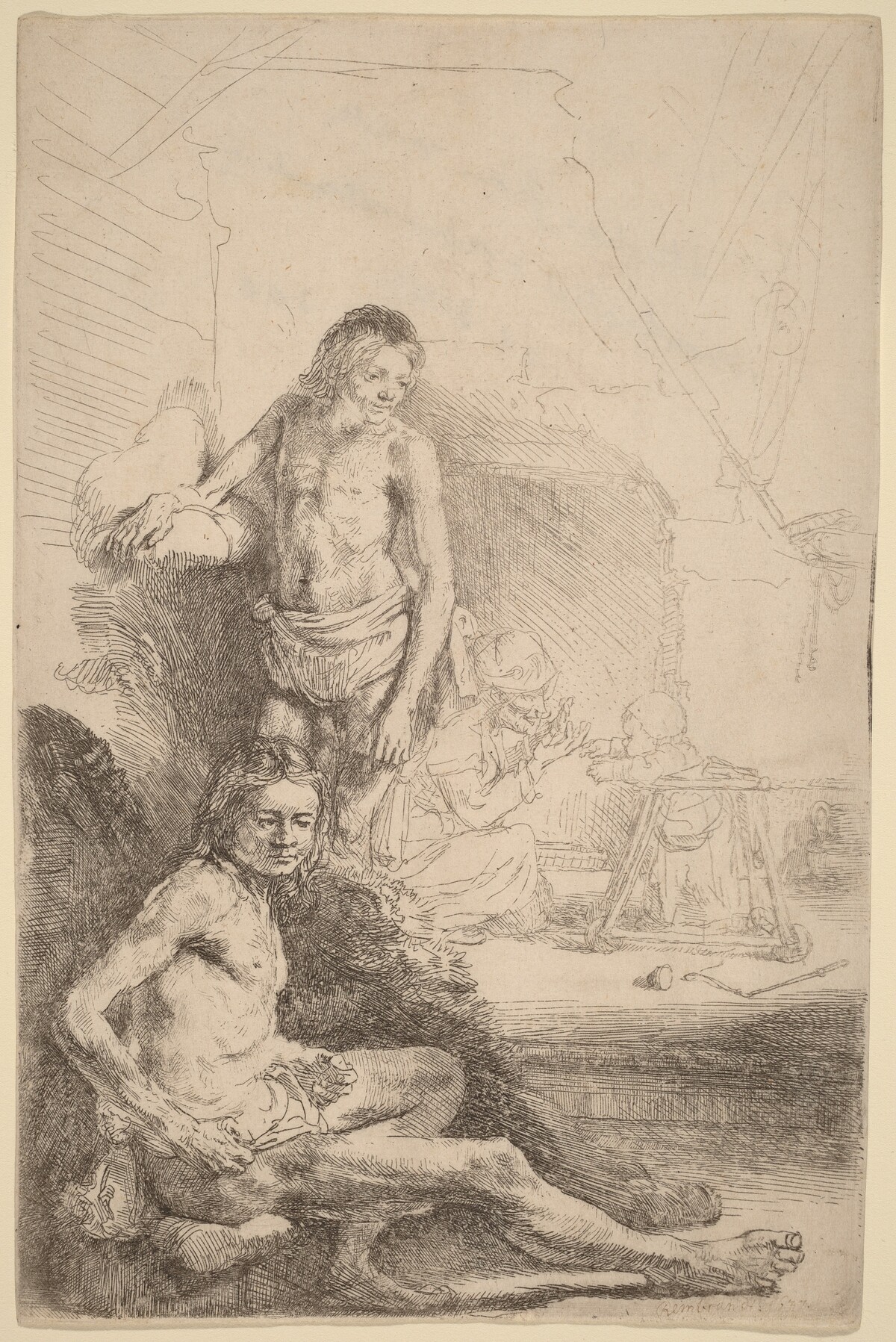 Nude Man Seated and Nude Man Standing,  with a Woman and Baby in the Background by Rembrandt van Rijn