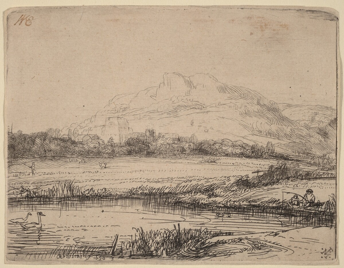 Canal with an Angler and Two Swans by Rembrandt van Rijn