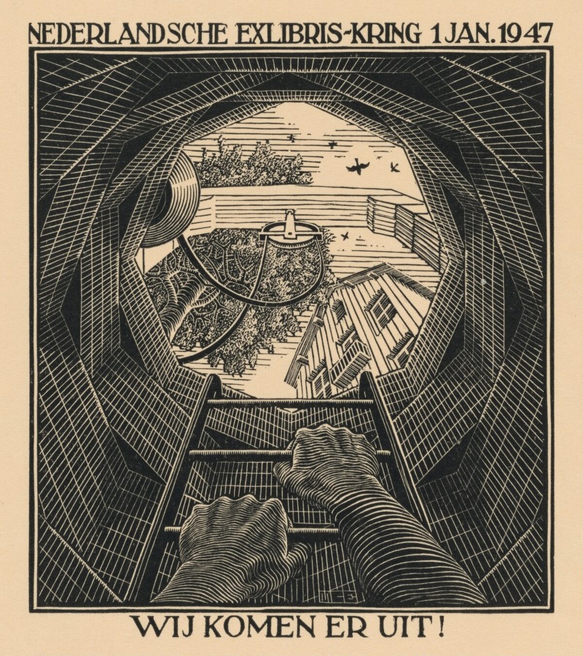New Year's greeting-card 1947, Nederlandsche ExLibris-Kring by M.C. Escher