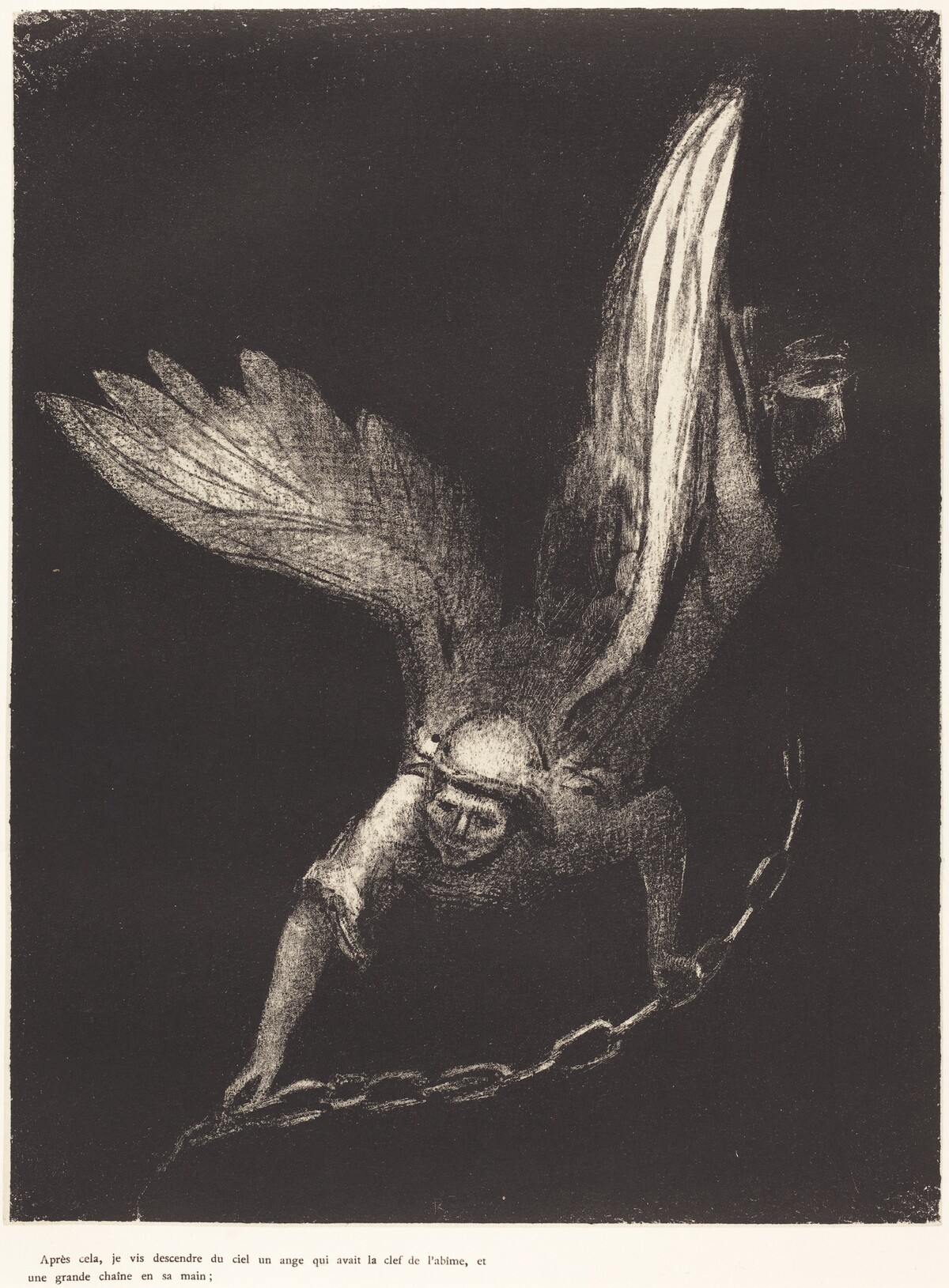 Apres cela je vis descendre du ciel un ange qui avait la clef de l'abime, et une grande chaine en sa main (And I saw an angel come down from heaven, having the key of the bottomless pit and a great chain in his hand) by Odilon Redon