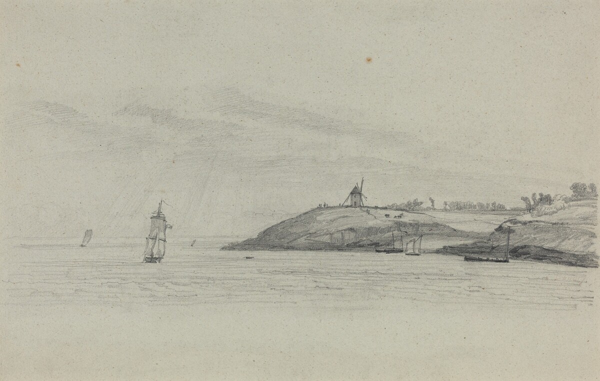 Coastal Landscape with Shipping; Windmill in Distance by Eugène Boudin