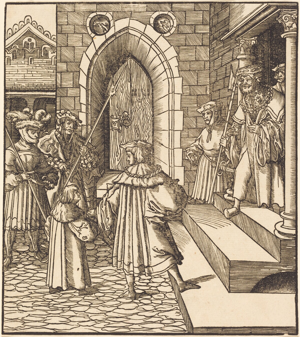 Three Men and a Boy in the Court of a Castle, to the Right Three Men on a Staircase by Leonhard Beck