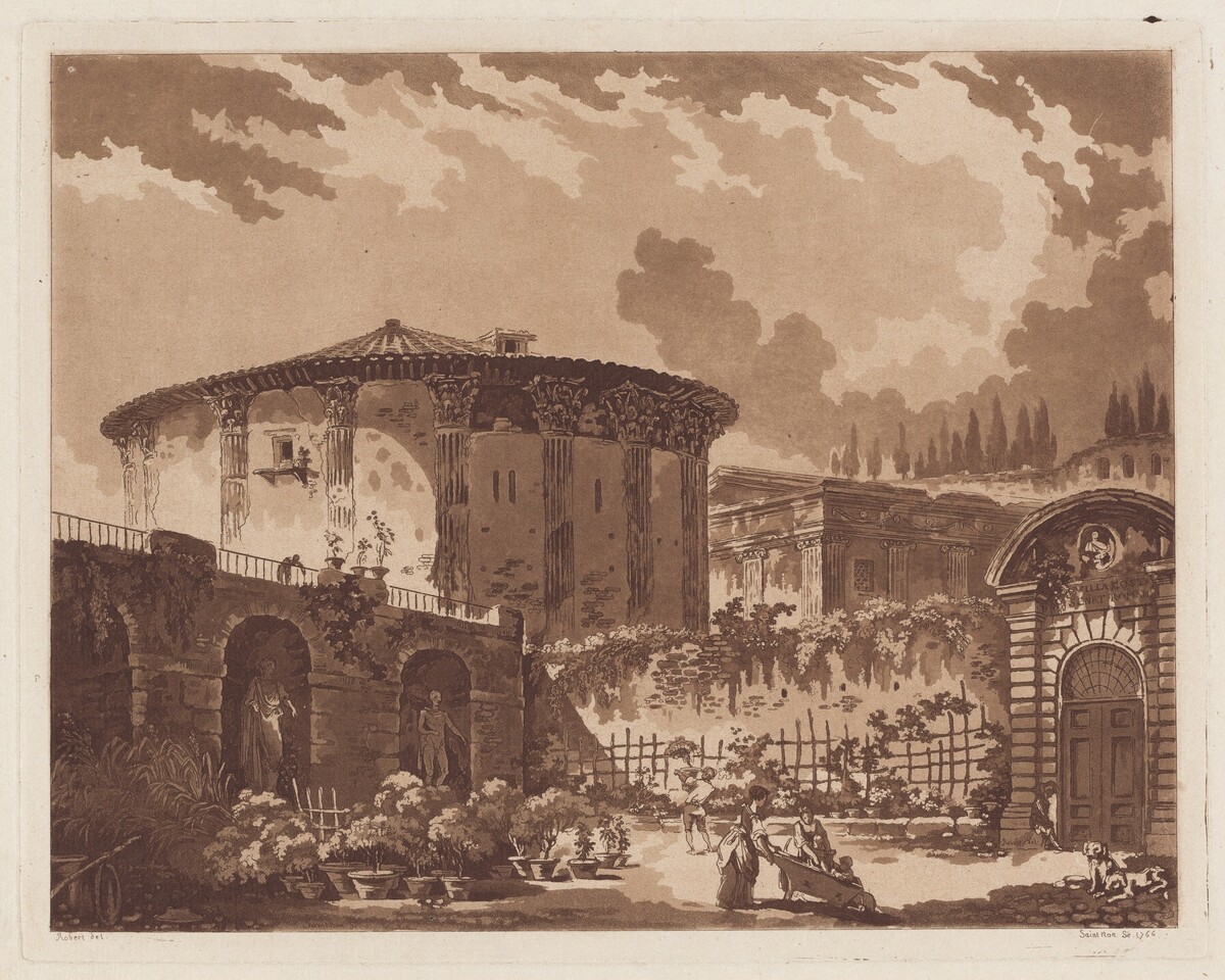 View in the Garden of a Roman Villa, with the Temple of Hercules Victor and the Temple of Portunus
 by Jean-Claude-Richard, Abbé de Saint-Non, after Hubert Robert
