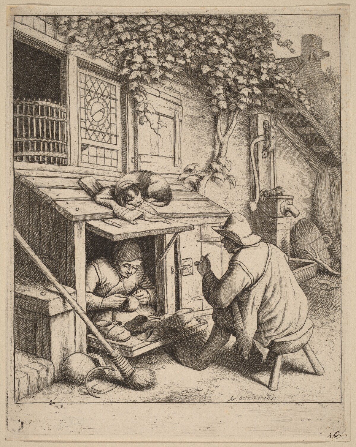 Smoker on a Stool Conversing with a Cobbler at Work by Adriaen van Ostade