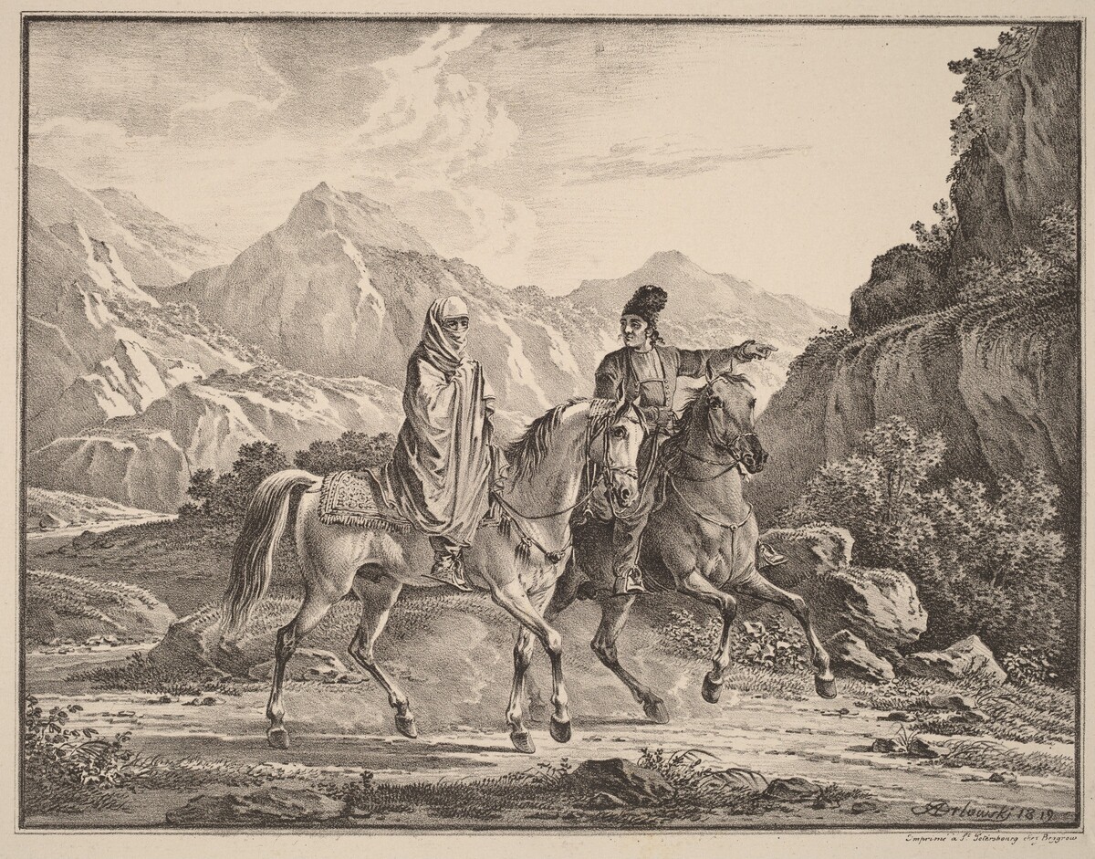 Man and Veiled Woman on Horseback by Aleksandr Osipovich Orlovskii