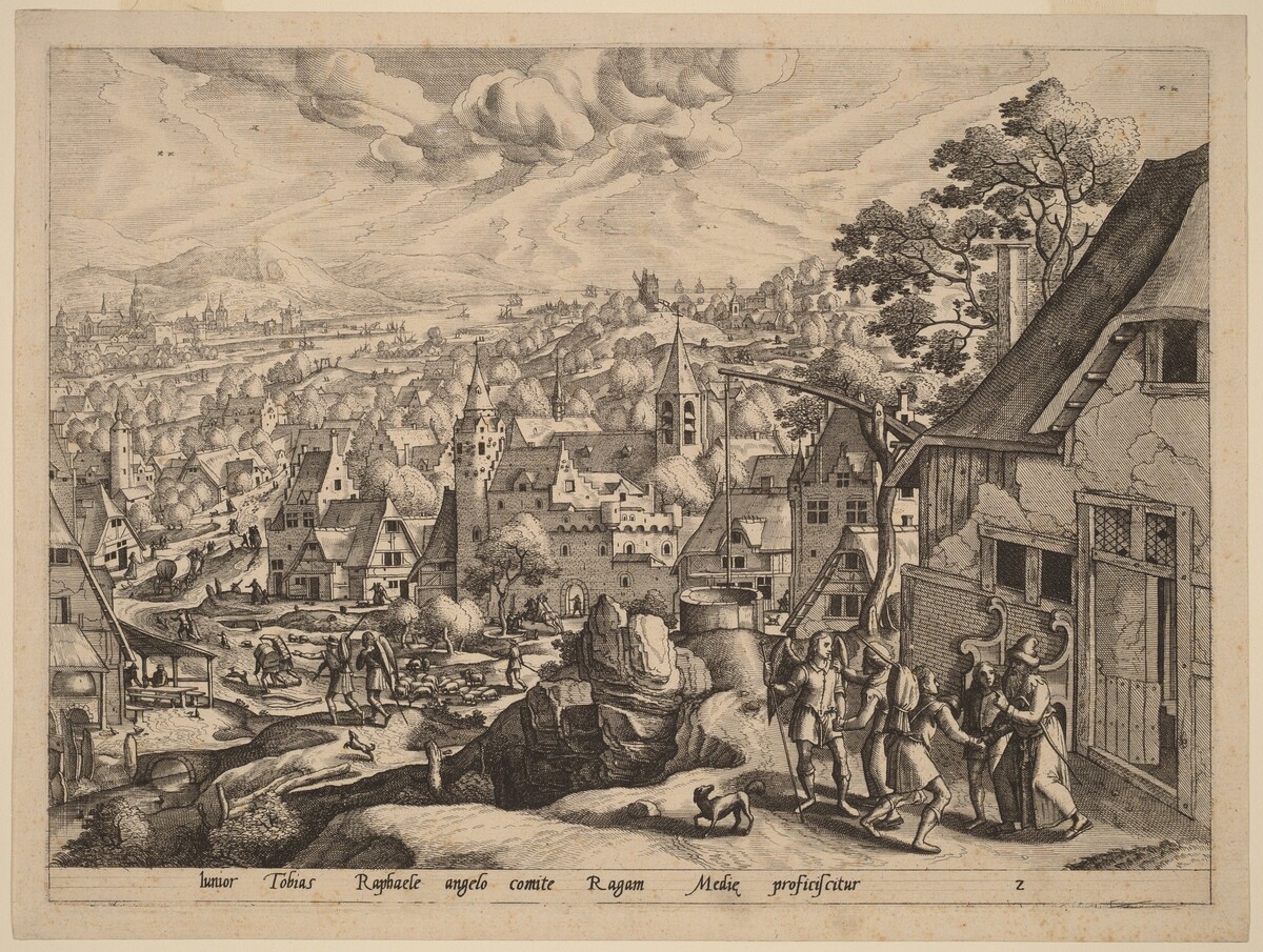 Tobias Taking Leave of his Parents by Johannes van Doetechum the Elder and Lucas van Doetechum, after Hans Bol