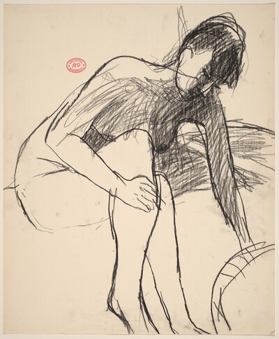 Untitled [seated nude with crossed legs reaching down]
