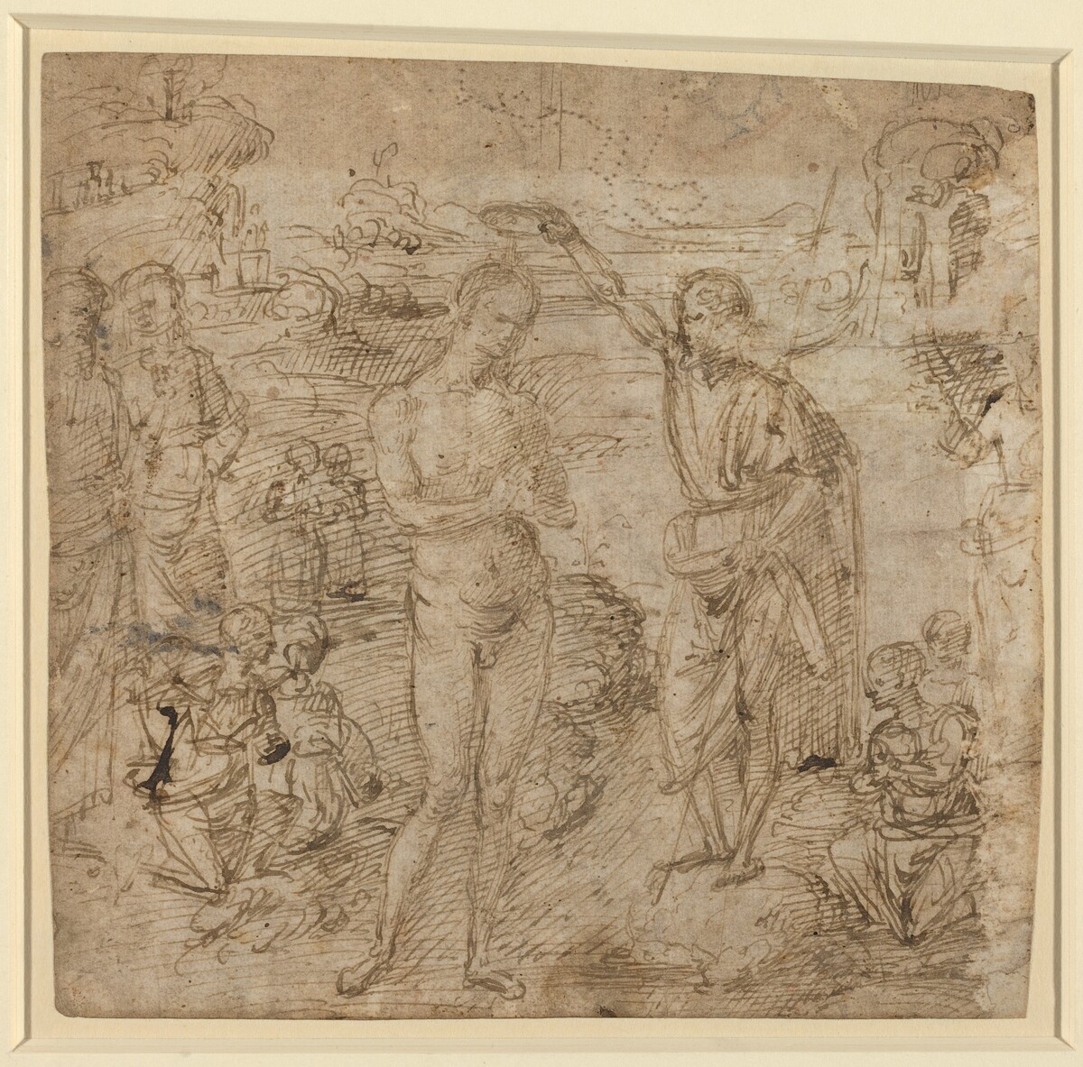 a) The Baptism of Christ; b) Draped Figure Holding a Book and Man Wielding an Ax with a Figure by Pietro Perugino
