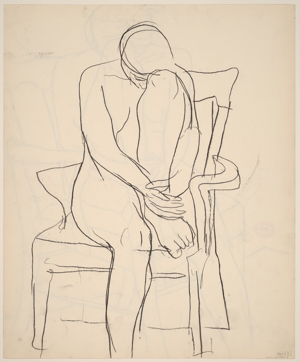 Untitled [seated nude with resting her head on her retracted leg] [verso] by Richard Diebenkorn