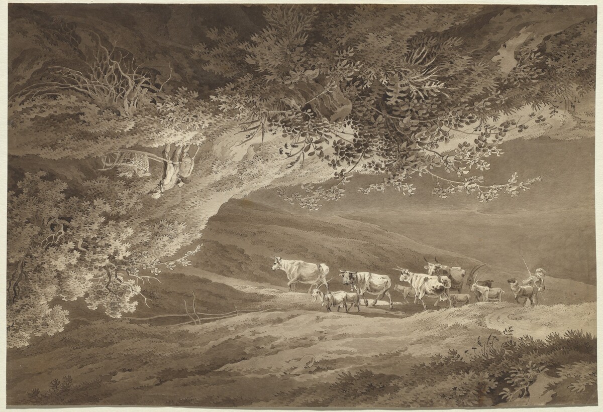A Landscape with a Herd of Cows and Goats, Surmounted by Another Landscape, Upside-down, with a Man Pushing a Wheelbarrow by Adrian Zingg