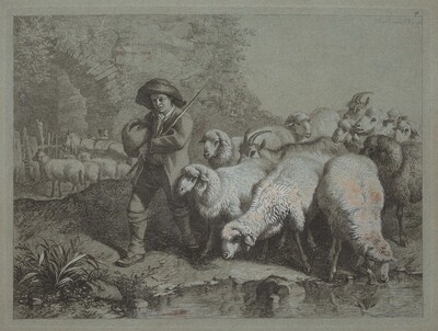 Shepherd with a Sack Driving a Flock