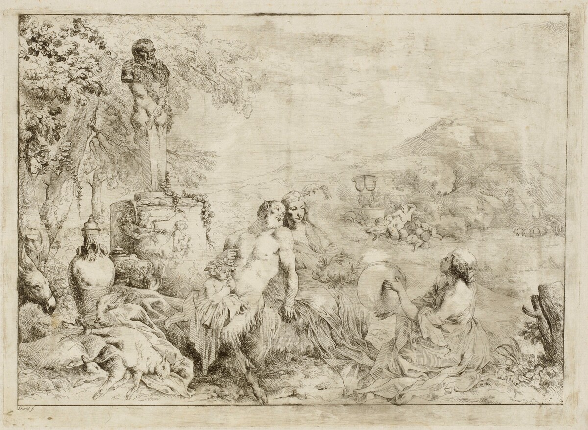 Landscape with a Satyr Family and Classical Sculpture by Giovanni David after Giovanni Benedetto Castiglione