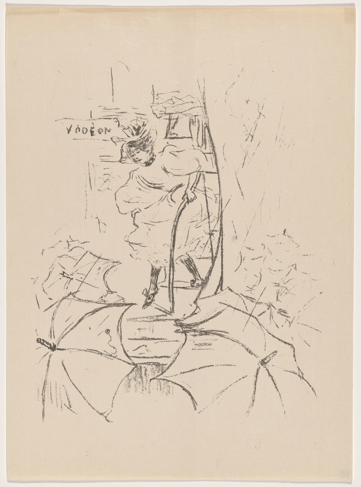 untitled (Woman descending onto a street of umbrellas) by Paul Edouard Crébassa