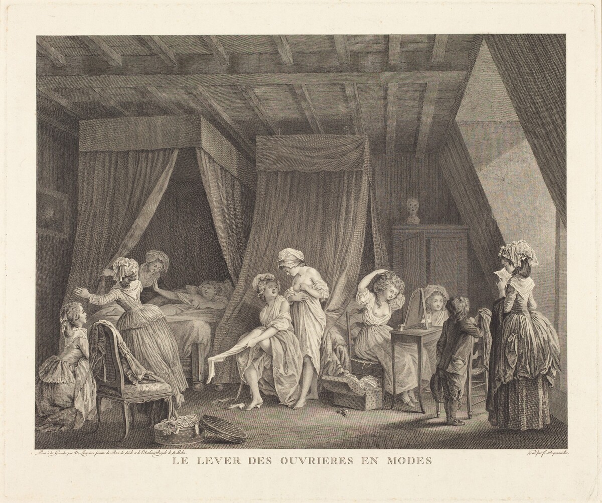 Le lever des ouvrieres en modes by Francois-Nicolas-Barthelemy Dequevauviller after Nicolas Lavreince