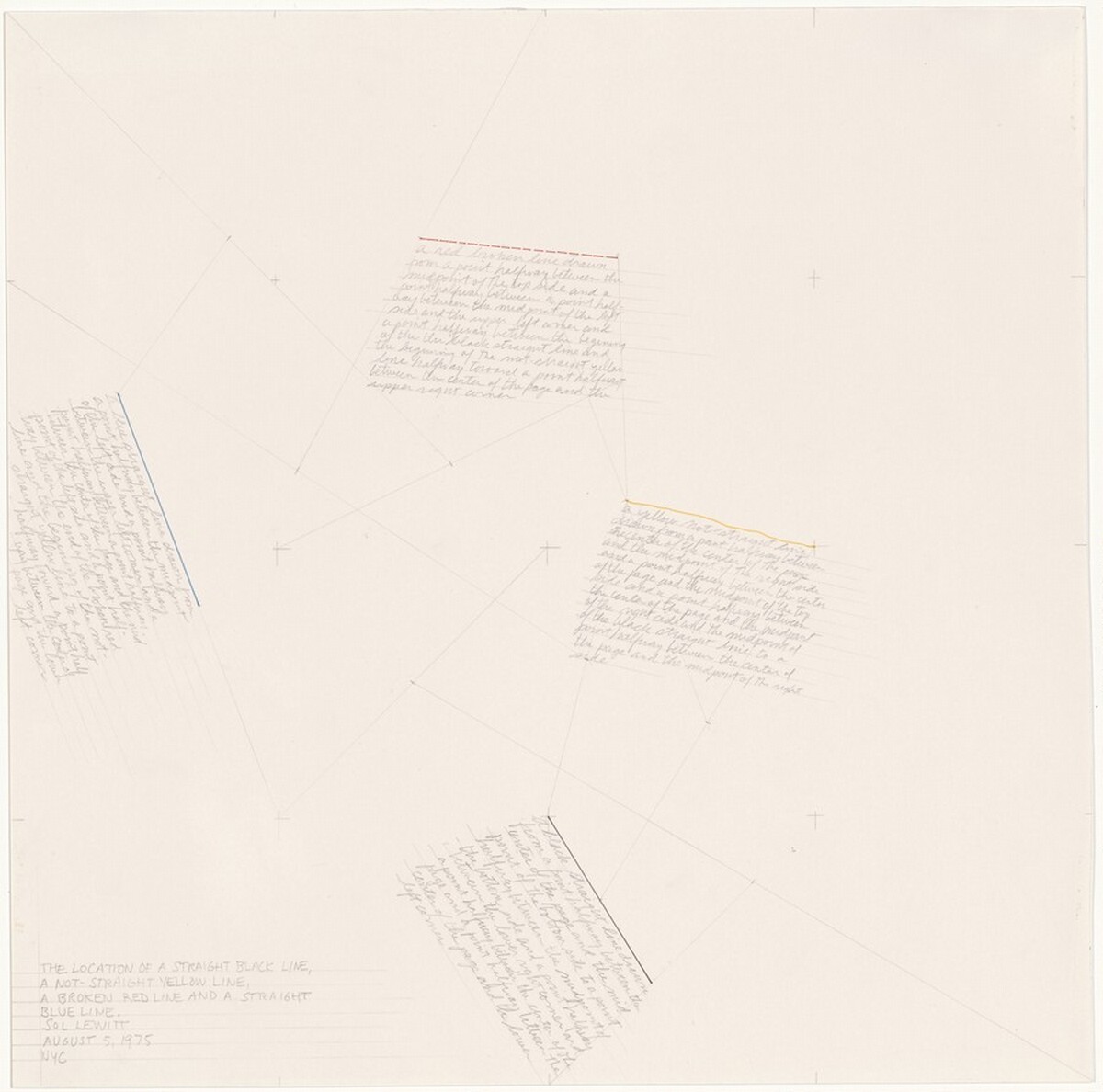 The Location of a Straight Black Line, a Not-Straight Yellow Line, a Broken Red Line and a Straight Blue Line by Sol LeWitt