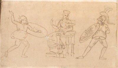 Comic Warrior, Seated Woman, and Figure with a Shield