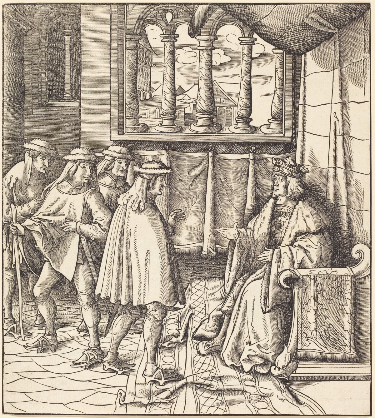 A King on a Throne, before him Four Men by Leonhard Beck