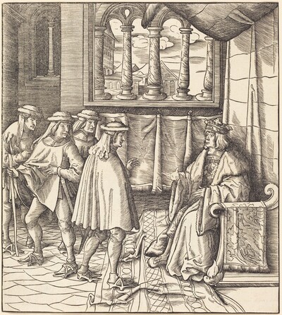 A King on a Throne, before him Four Men