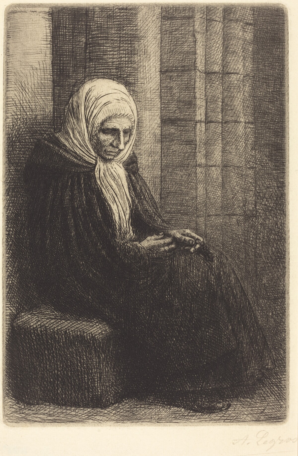 Woman Seated against a Wall, Child with His Head in Her Lap (Femme assis, muraille au fond, enfant la tete dans son giron) by Alphonse Legros
