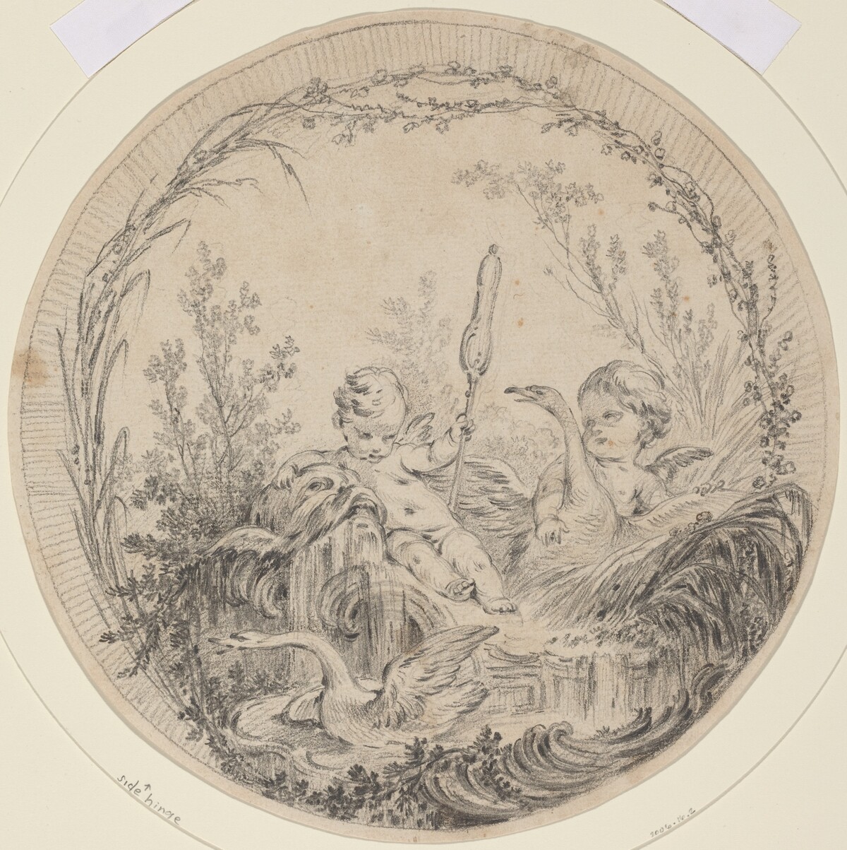 Two Putti Playing with Swans by Attributed to Charles Eisen