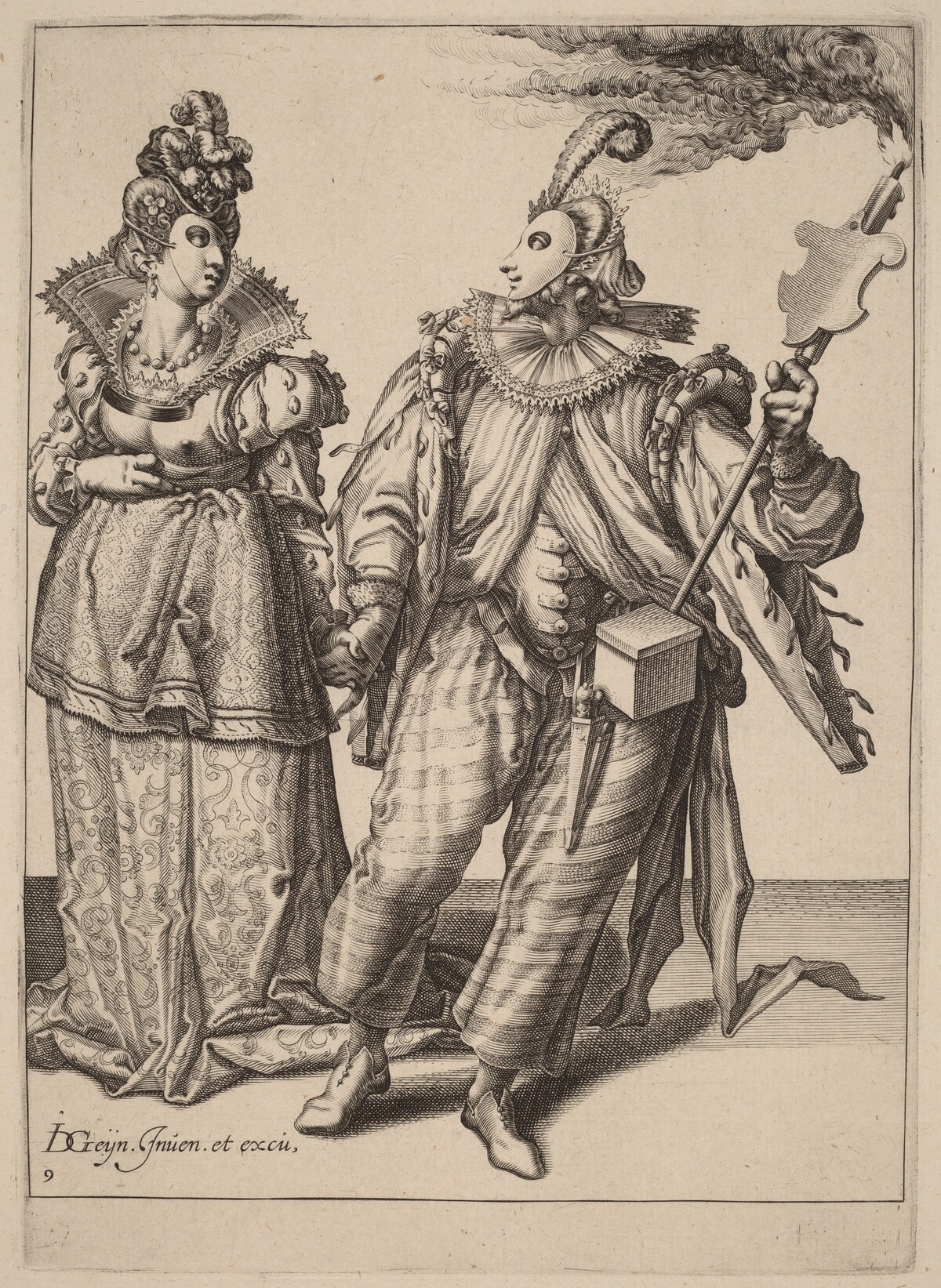 A Woman Led by a Player Holding a Torch by Attributed to Zacharias Dolendo after Jacques de Gheyn II