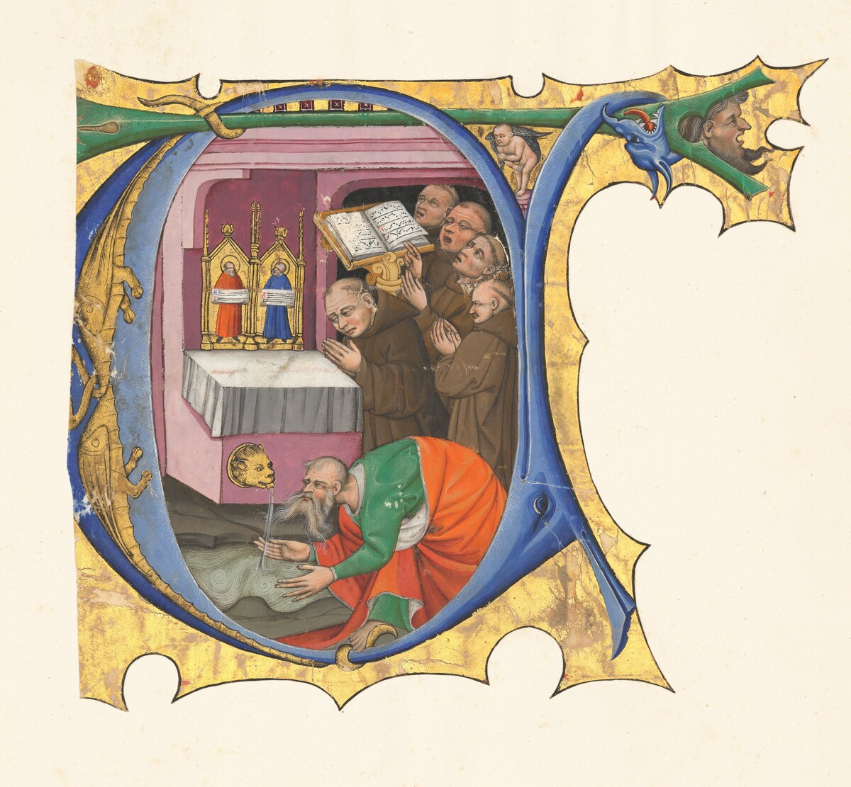 Initial T with a group of Benedictine monks singing before an altar from which issues water by Master of the Cypresses