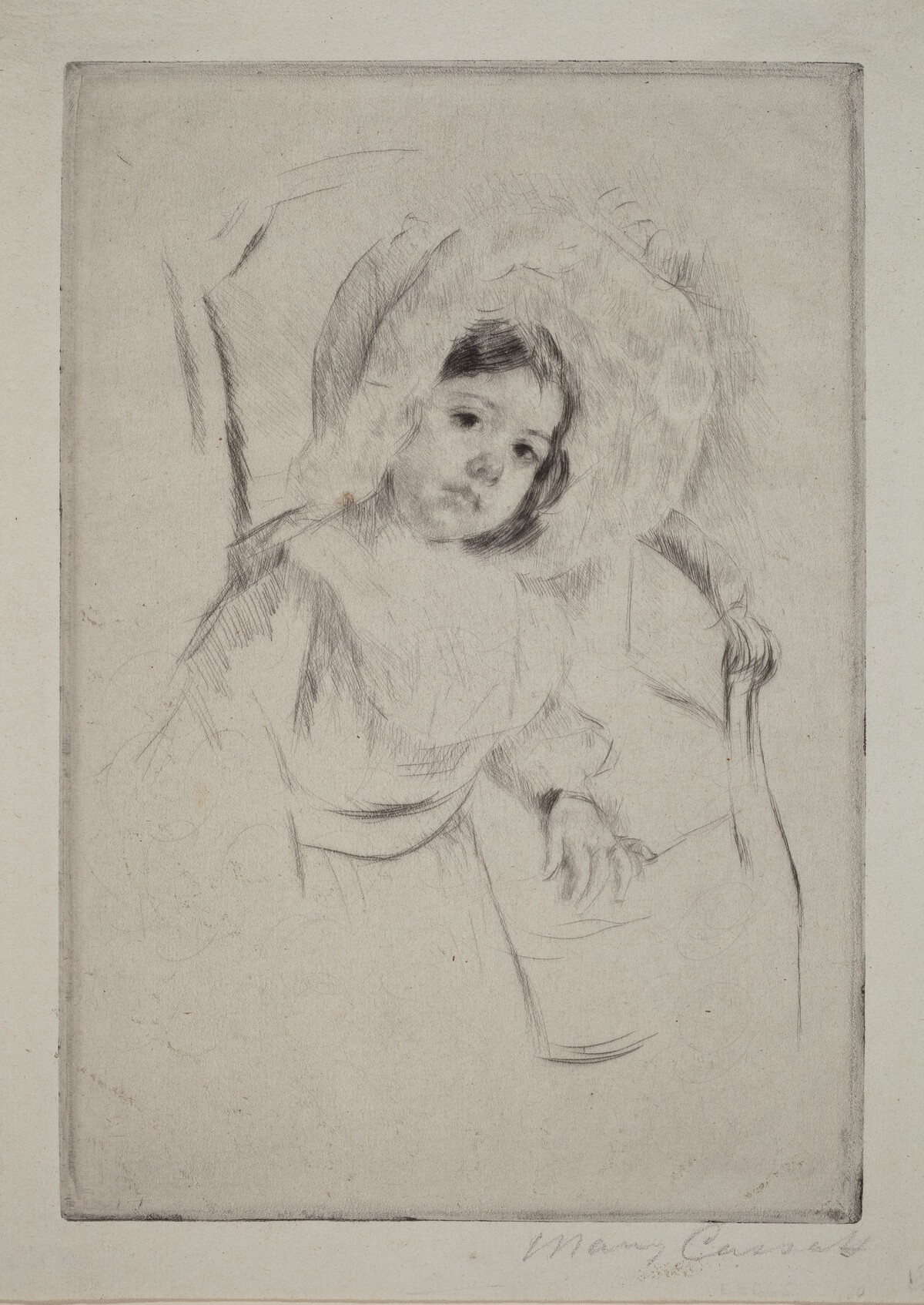 Margot in a Floppy Bonnet Leaning against a Chair by Mary Cassatt