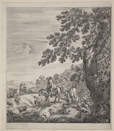 Two Riders Passing Near a Herd of Animals