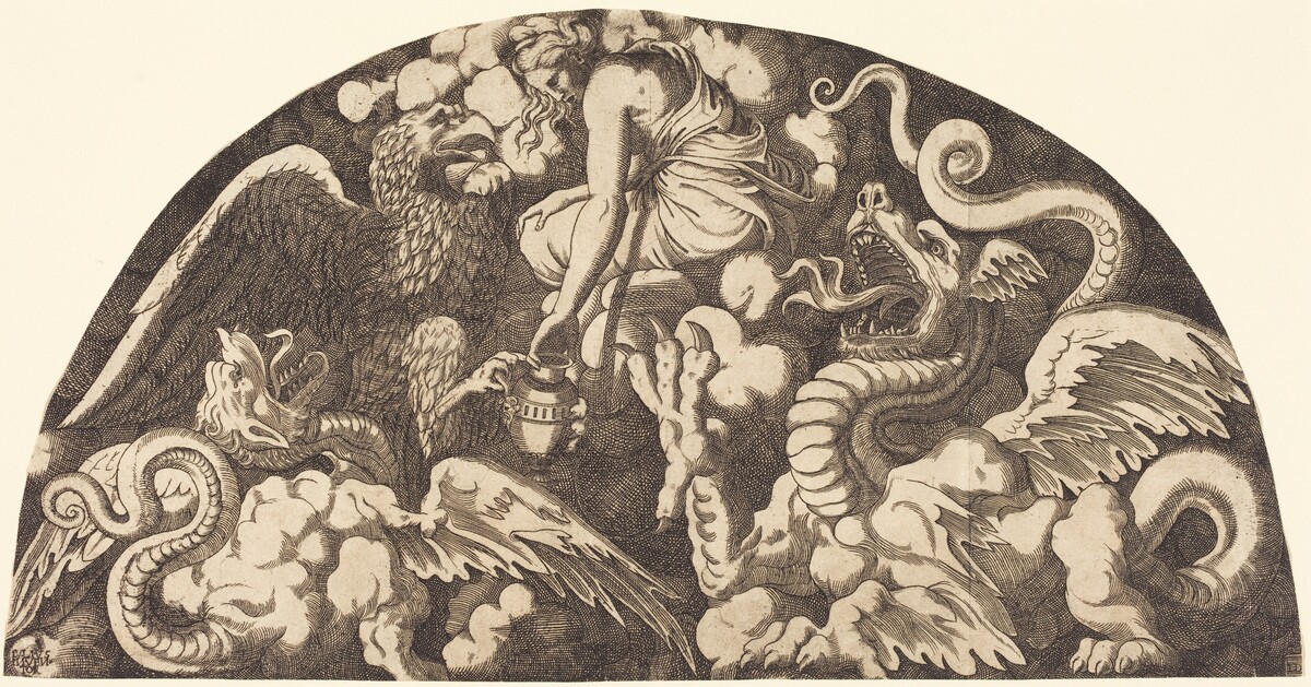 Jupiter Bringing Water of the Styx to Psyche by Léon Davent after Giulio Romano