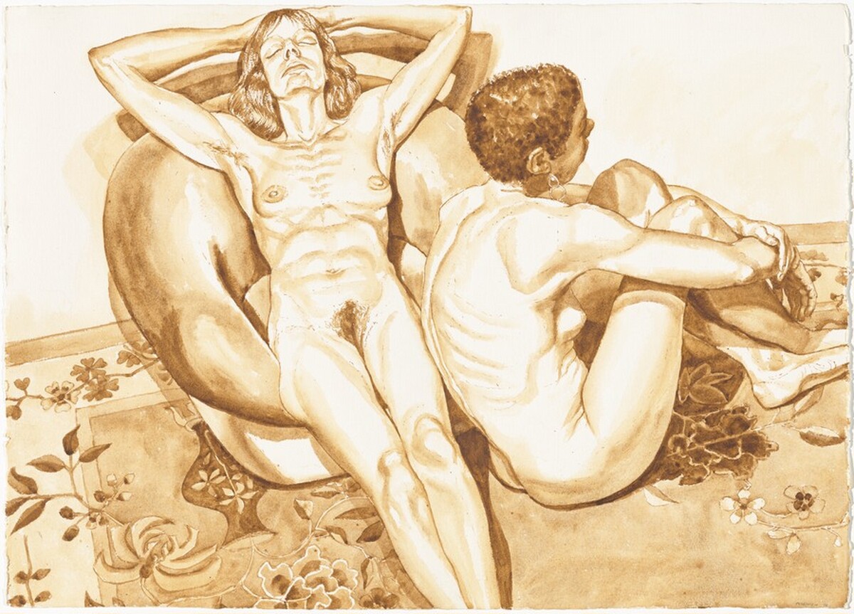 Two Nudes with Flowered Rug by Philip Pearlstein