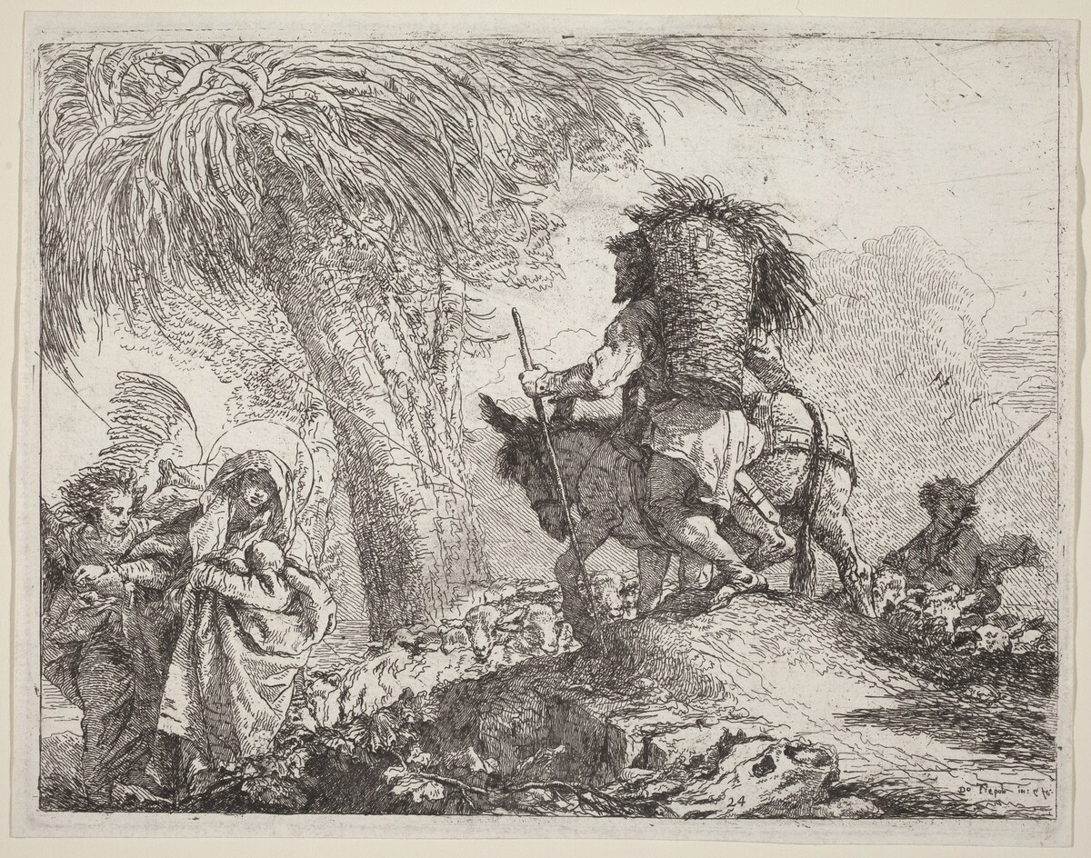The Flight, Joseph at Right and Mary and Angel at Left by Giovanni Domenico Tiepolo