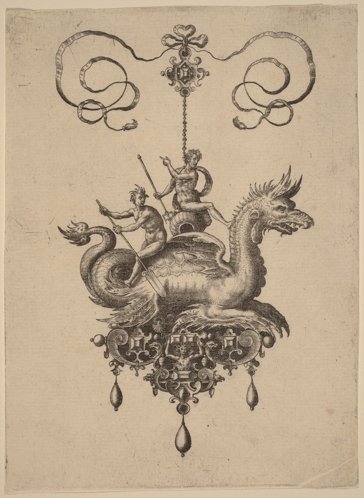 Design for a Pendant with a Sea-Monster Carrying Neptune on an Urn Flanked by a River-God with an Oar by Hans Collaert the Elder