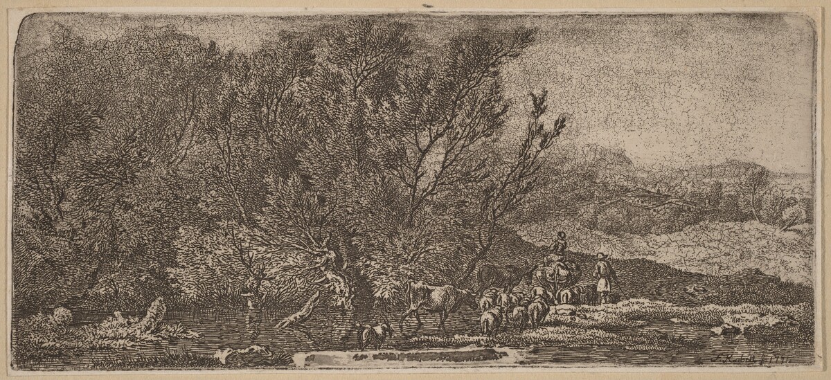 Shepherds with Their Herd Fording a Stream by Ferdinand Kobell