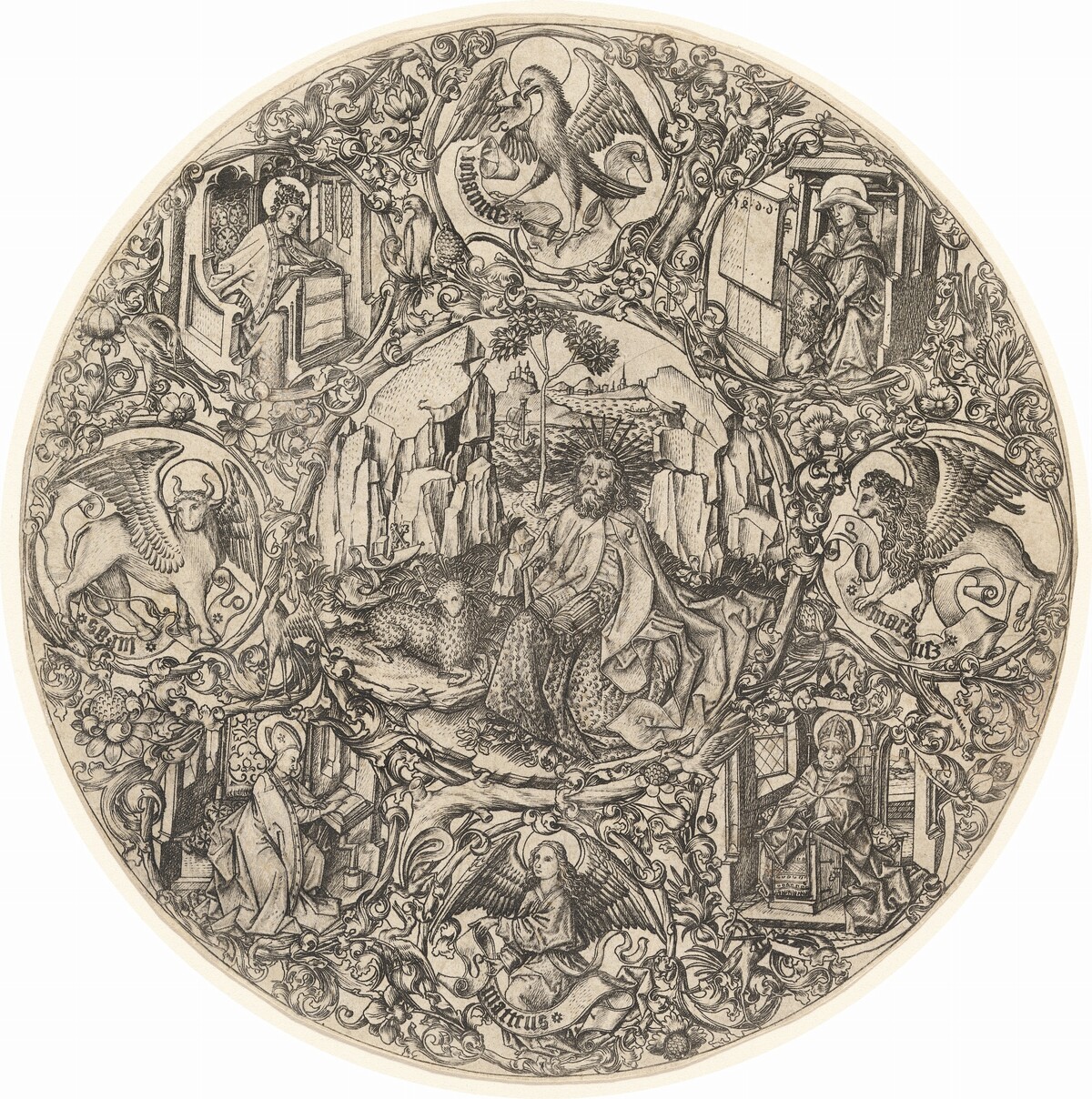 Saint John the Baptist in the Wilderness with the Lamb of God, Surrounded by the Symbols of the Evangelists and the Four Fathers of the Church by Master E.S.