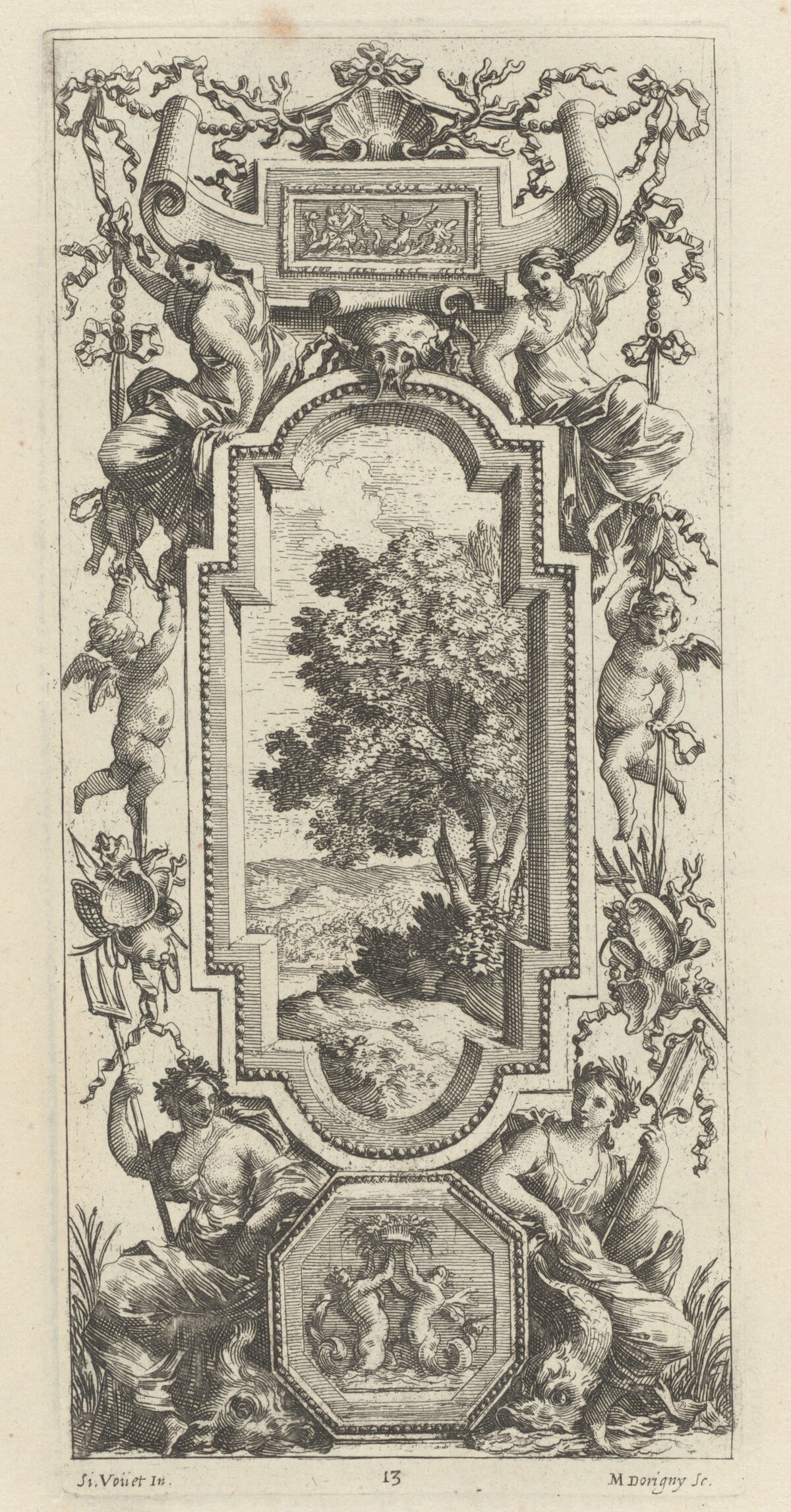 Ornamental Panel Surmounted by a Maritime Scene and a Shell by Michel Dorigny, after Simon Vouet