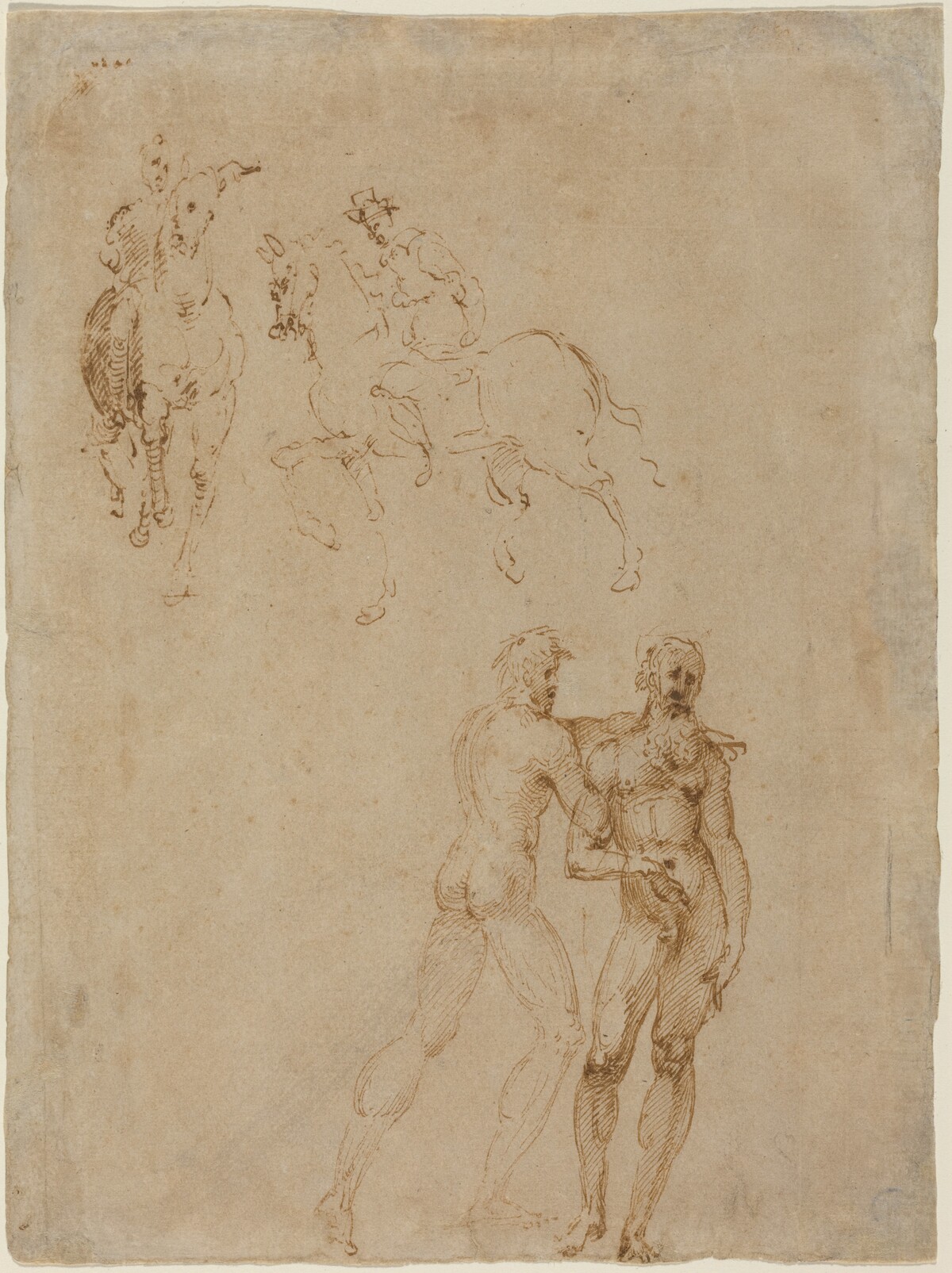 Two Horsemen and Two Male Nudes by Attributed to Vincenzo Tamagni