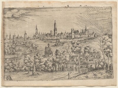 View across a River to a Walled City at Sunset