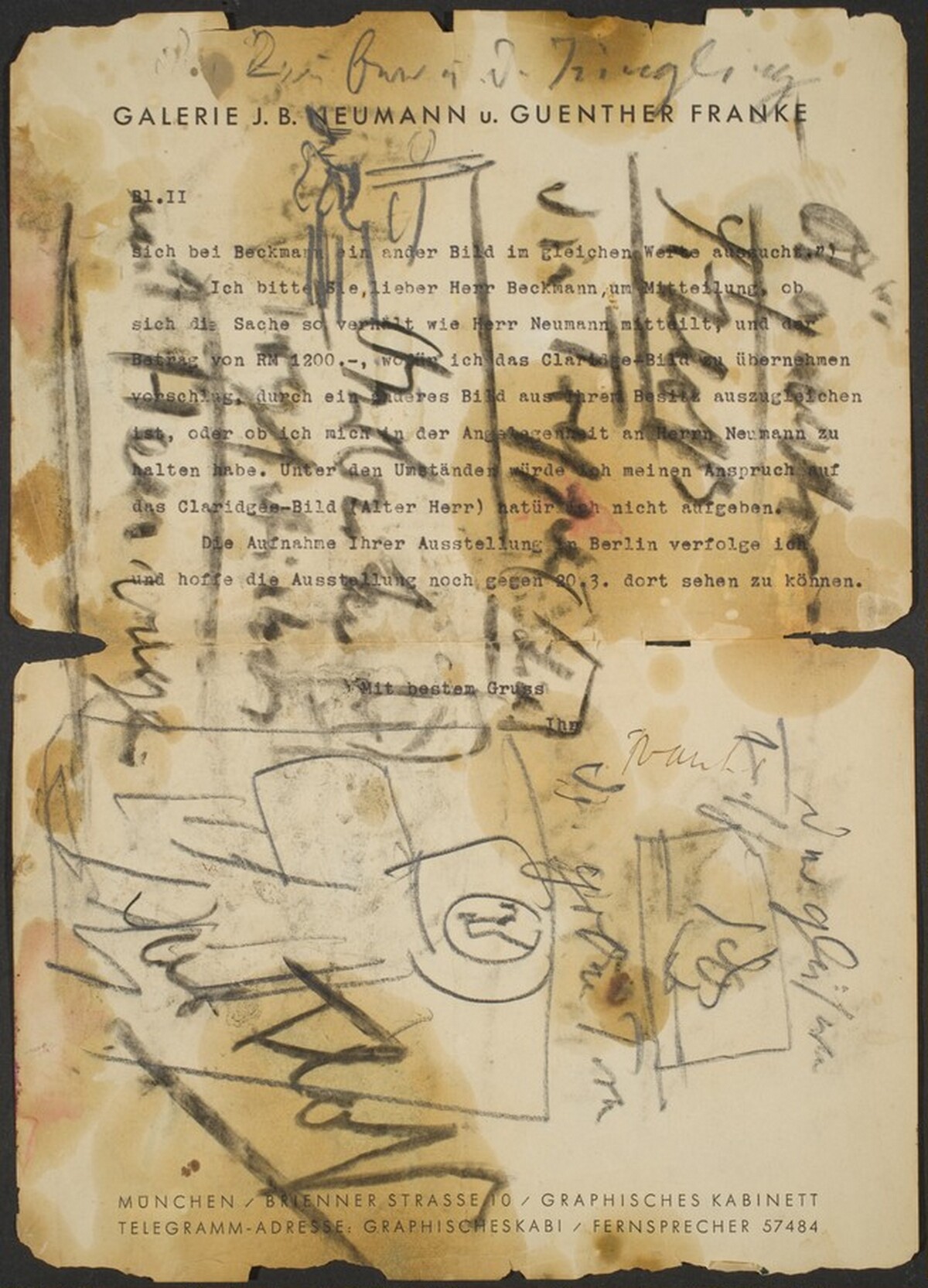 Sketch over Typed Letter from the Galerie J.B. Neumann u. Guenther Franke by Max Beckmann