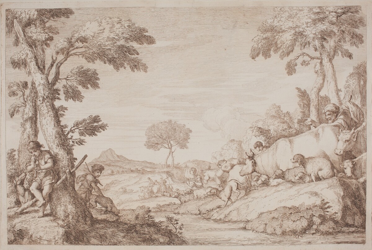 A Pastoral Journey with a Boy Playing His Flute by a Tree by Gaetano Zompini, after Giovanni Benedetto Castiglione