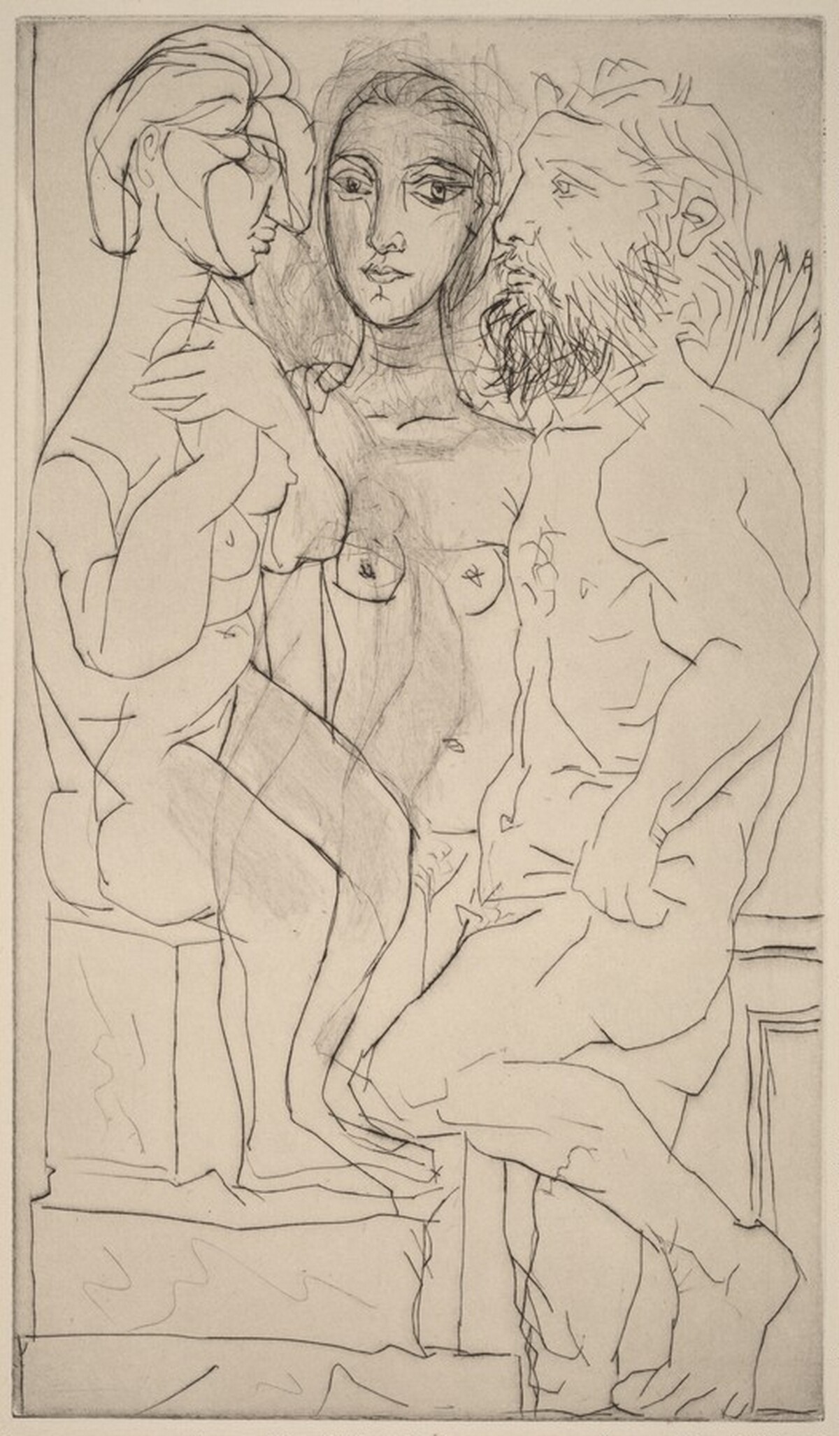 Sculptor, Model, and Sculpture (Sculpteur, modèle et sculpture: femme assise) by Pablo Picasso