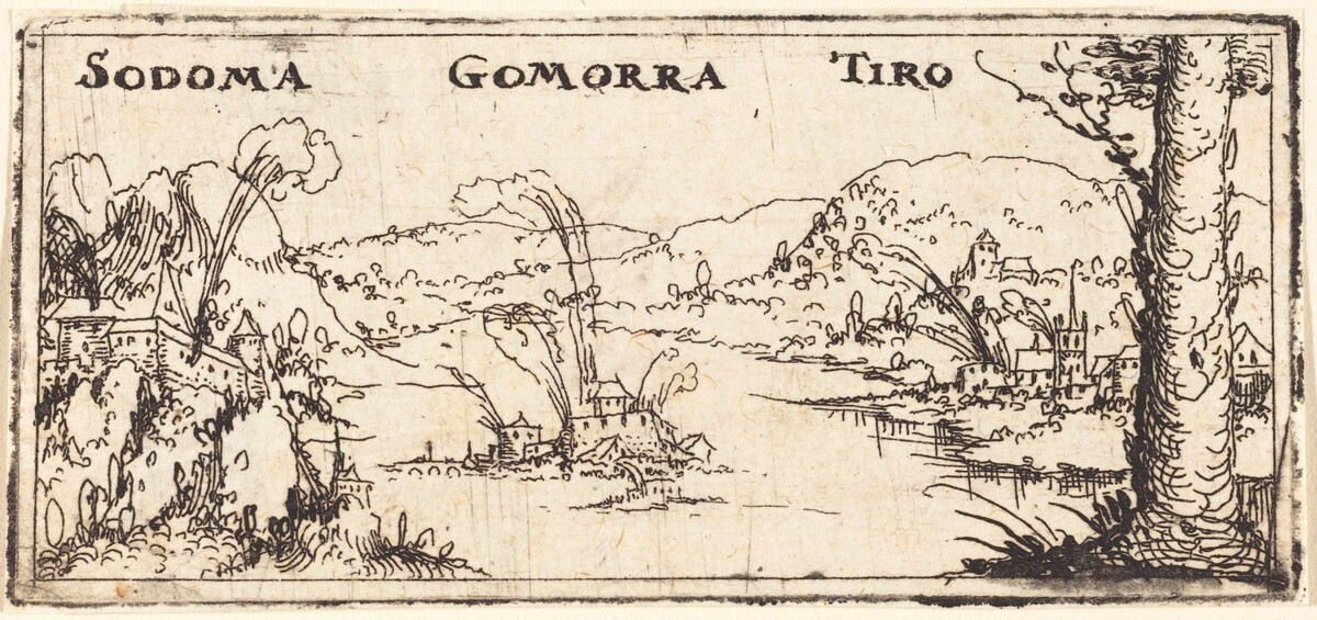 Landscape with Three Burning Cities: Sodom, Gomorrah and Tyrus by Augustin Hirschvogel