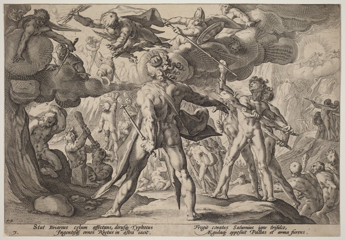 The Giants Climbing the Heavens by Workshop of Hendrick Goltzius, after Hendrick Goltzius
