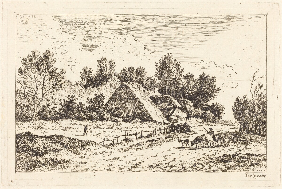 A Low Cottage with a Herdsman Leading His Flock by Nicolas Pérignon