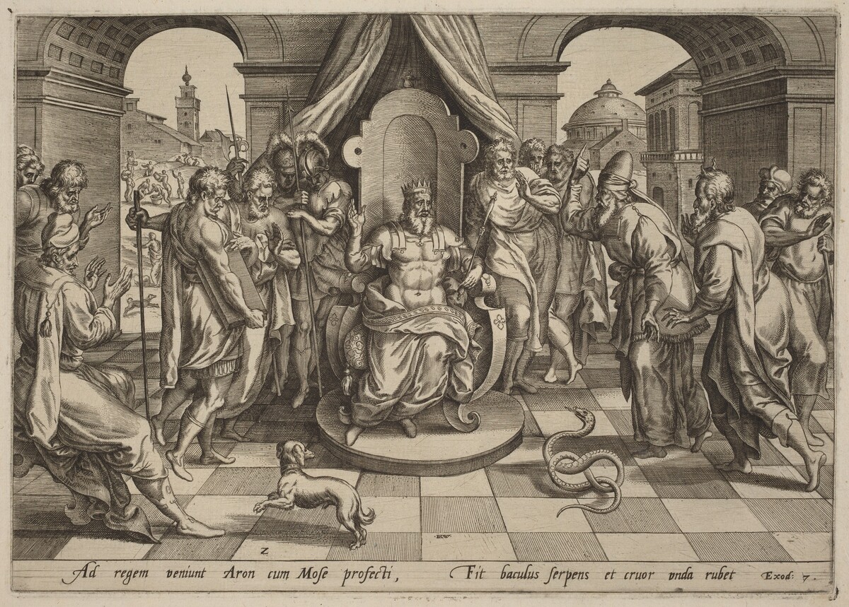 Moses and Aaron before the Pharoah by Johan Wierix, after Maarten van Cleef