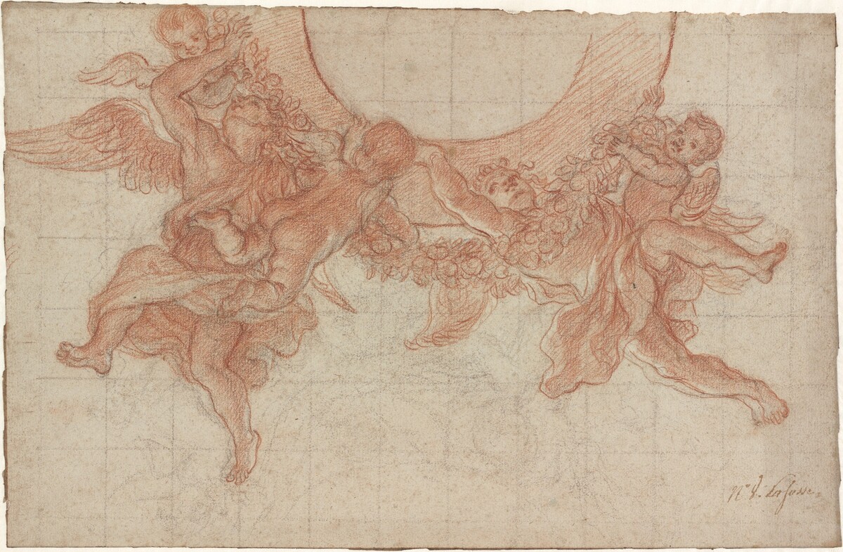Angels and Putti Flying with a Garland: Design for a Ceiling by Charles de La Fosse