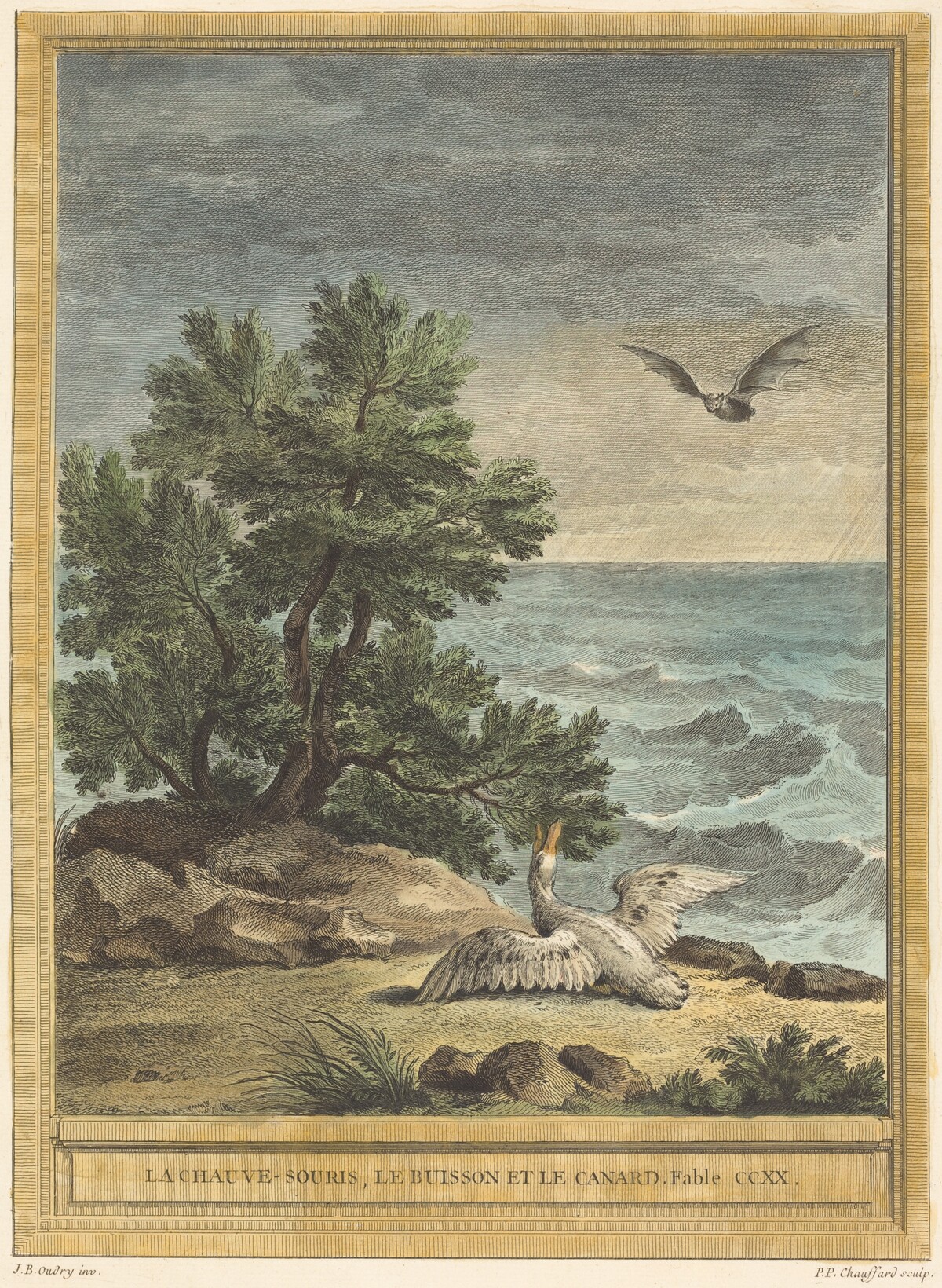 La chauve-souris, le buisson et le canard (The Bat, the Bush, and the Duck) by Pierre-Philippe Choffard after Jean-Baptiste Oudry